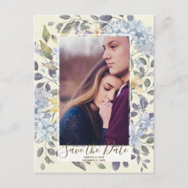 Blått blommigt-brandangea-foto spara datumet meddelande vykort