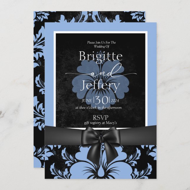 Blått blommigt bröllop-kalligrafi tryckt inbjudningar (Fram/baksida)