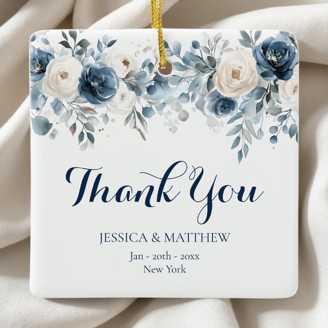 Blått Blommigt Bröllop Tack Julgransprydnad Keramik (Watercolor Botanical Blue Floral Wedding Thank You Ceramic Ornament)