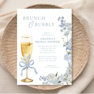 Blått Blommigt Brunch och BubLY Champagne Glass Inbjudningar