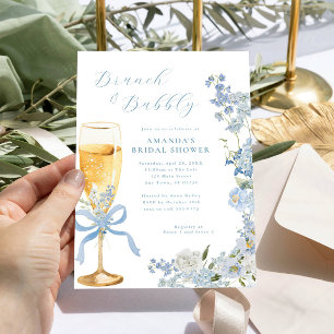 Blått Blommigt Brunch och BubLY Champagne Glass Inbjudningar