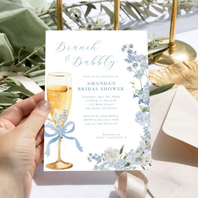 Blått Blommigt Brunch och BubLY Champagne Glass Inbjudningar (Skapare uppladdad)