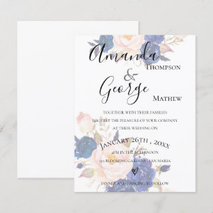 Blått Blommigt Faux Vellum Effect Bröllopsinbjudan Inbjudningar