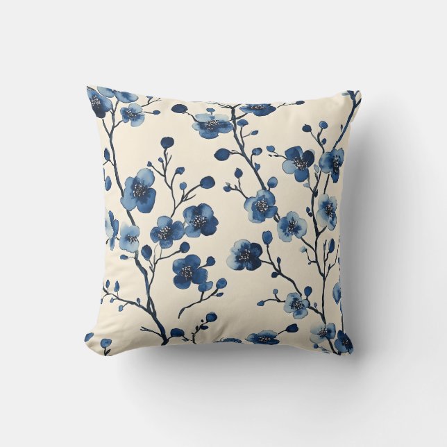 Blått Blommigt för elegant Kudde (Framsida)