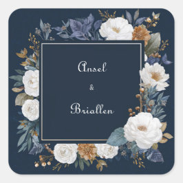 Blått Blommigt för elegant med Vit ros Fyrkantigt Klistermärke