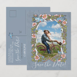 Blått Blommigt Foto Bird Land Rustic Spara Date Meddelande Vykort