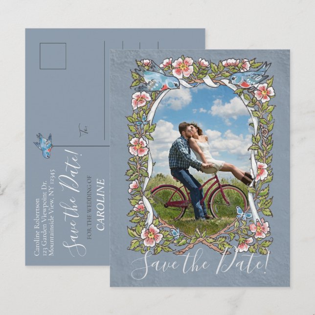 Blått Blommigt Foto Bird Land Rustic Spara Date Meddelande Vykort (Fram/baksida)