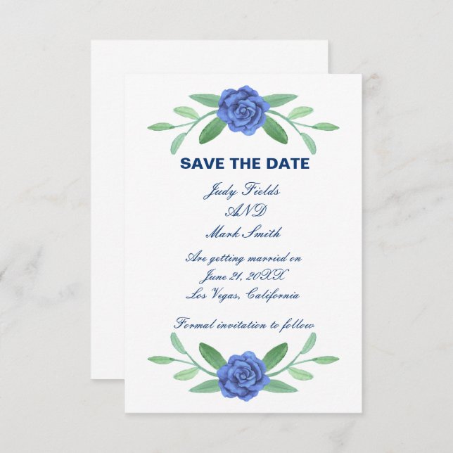 Blått Blommigt Greenery Foliage Save Date Card Spara Datumet (Fram/baksida)