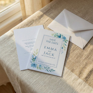 Blått blommigt grönt elegant bröllop spara datumet