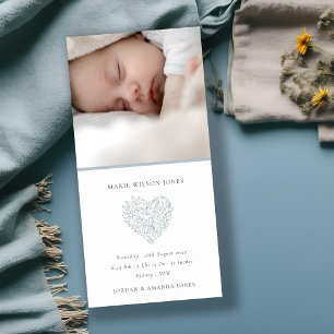 Blått Blommigt Heart Photo Baby Birth Notice Tack Kort