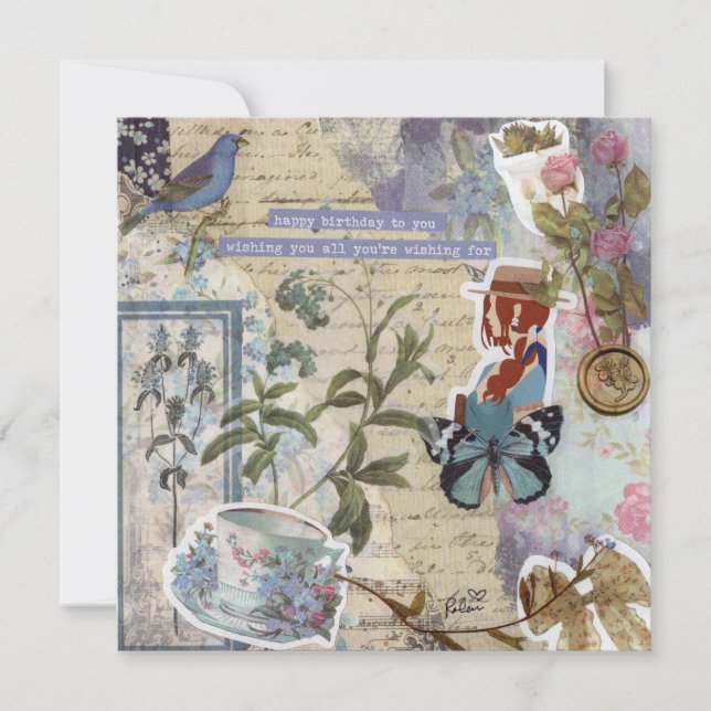 Blått Blommigt i färg Blek Blått kort för födelsed (Framsida)