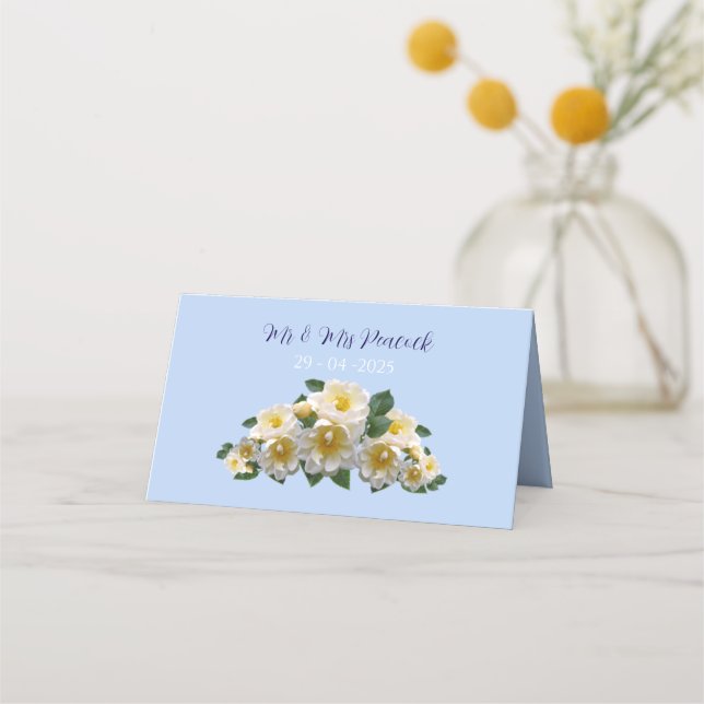 Blått blommigt-kort bröllop bord namn placeringskort (Baksida)