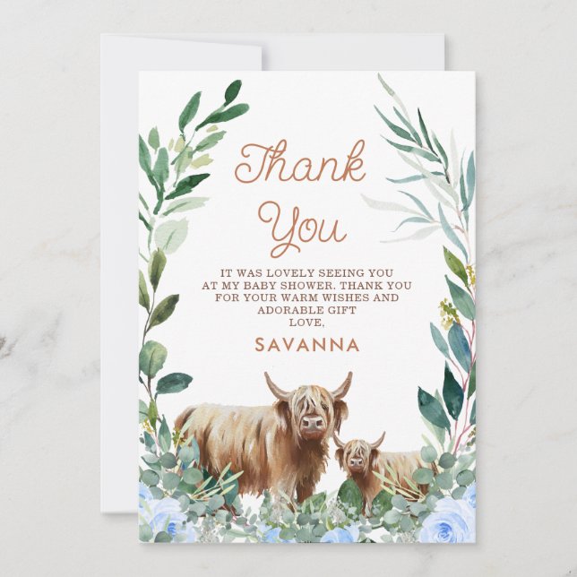 Blått Blommigt Kow Calf Baby Shower Tack för ditt  Inbjudningar (Framsida)