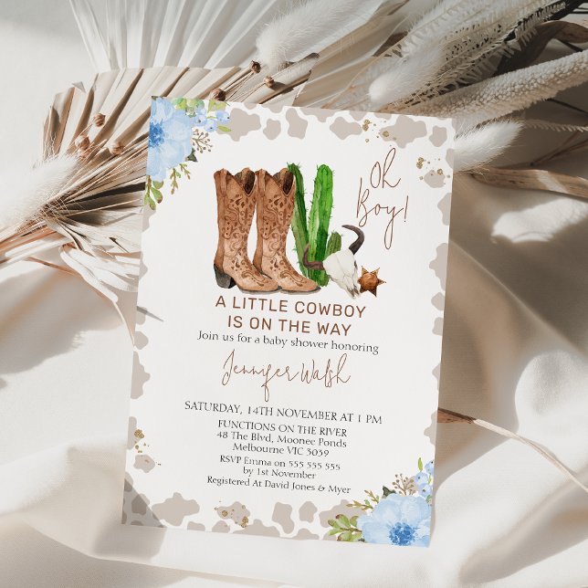 Blått Blommigt Kow Skriv ut lilla kupongskugga Inbjudningar (Blue Floral Cowboy Baby Shower Invitation, Little Cowboy baby shower Invite, Wild West Theme Shower)