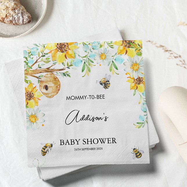 Blått Blommigt Mamma till Bebisjukaren Pappersserv Pappersservett (Boys Mommy-To-Bee Bee Themed Baby Shower Napkin, Floral Bumble Bee Baby Shower Paper Napkin, Hive)