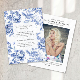 Blått Blommigt, minnesfotosympati - begravning Tack Kort