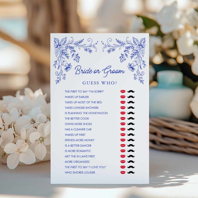 Blått Blommigt, Möhippa eller spel för rumsmönster (Blue Floral Bride or Groom Game Card)