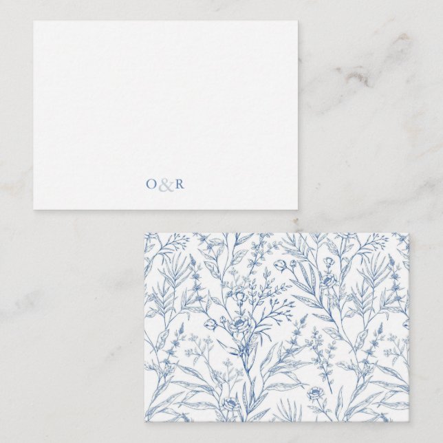 Blått Blommigt, monogram Par Stationery Anteckningskort (Fram/baksida)