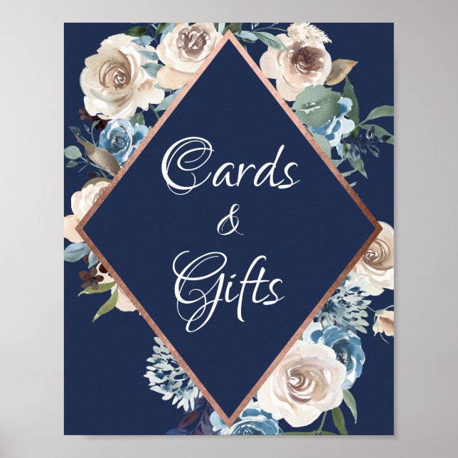 Blått Blommigt- och presentkort för ro Guld Poster (Framsidan)