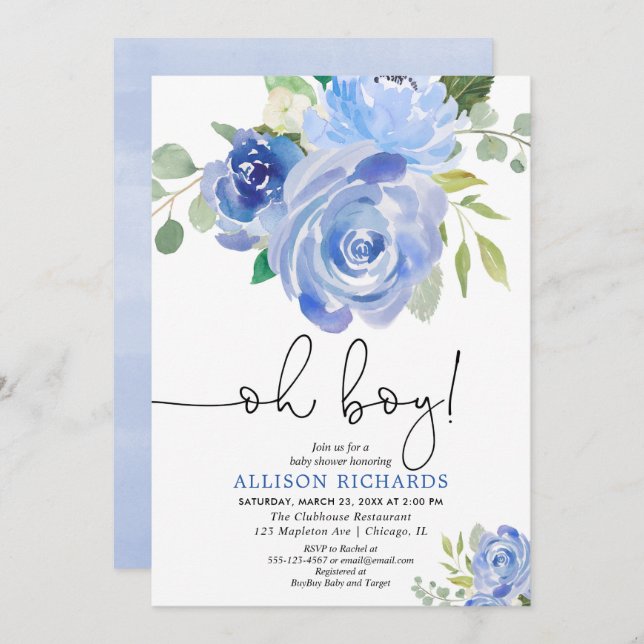 Blått blommigt Oj-babydusch Inbjudningar (Fram/baksida)