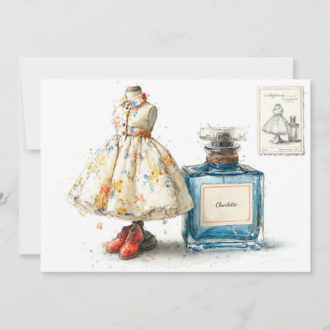 Blått Blommigt Parfym-tema för första födelsedag Inbjudningar (Framsida)