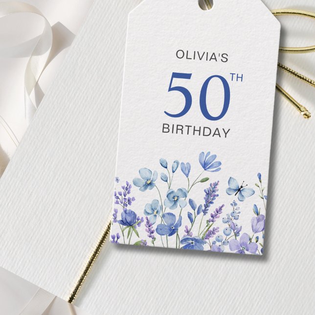 Blått Blommigt Personlig 50:e födelsedagen Presentetikett (Skapare uppladdad)