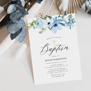 blått blommigt pojke-baptism inbjudan