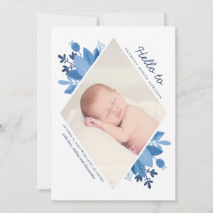 Blått blommigt pojke födelse. Modern blommor nyföd Meddelande