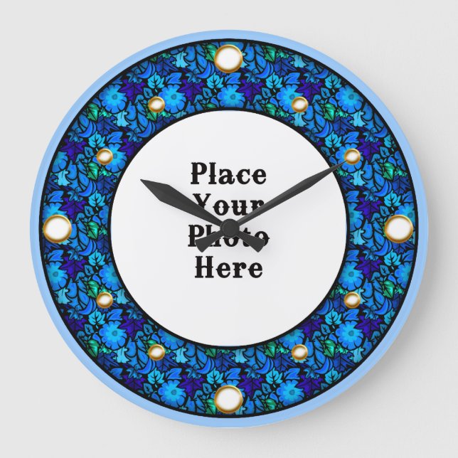 Blått Blommigt Ram Din fotomäggsspärr Stor Klocka (Framsida)