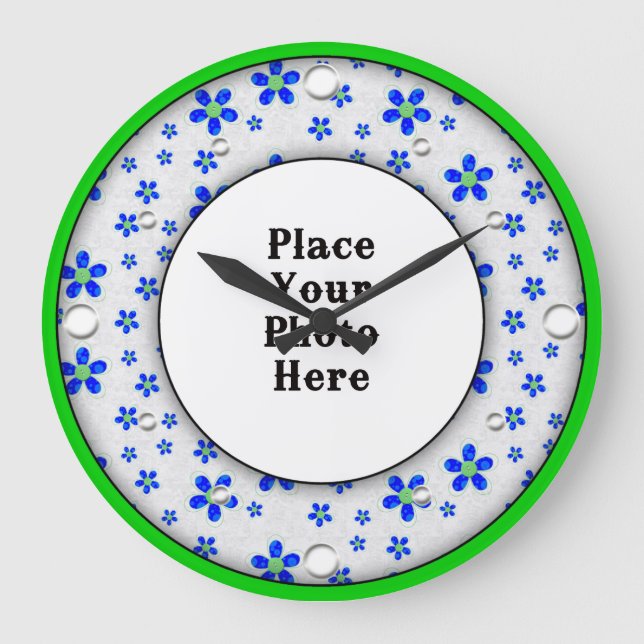 Blått Blommigt Ram Din fotomäggsspärr Stor Klocka (Framsida)