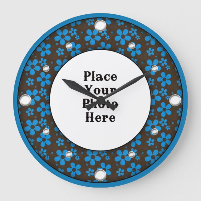 Blått Blommigt Ram Din fotomäggsspärr Stor Klocka (Framsida)