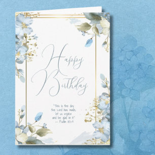 Blått blommigt religiöst födelsedagsgratulationsko kort