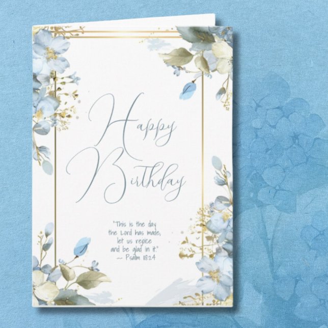 Blått blommigt religiöst födelsedagsgratulationsko kort (Skapare uppladdad)