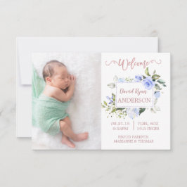Blått Blommigt Ro Guld Boy Foto Birth-meddelande Meddelande