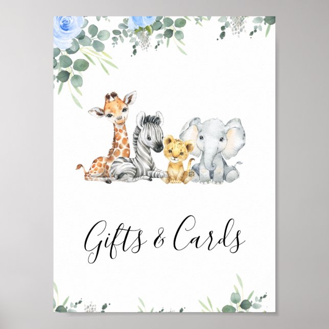 Blått Blommigt Safari Baby Shower Bord Top Sign Poster (Framsidan)