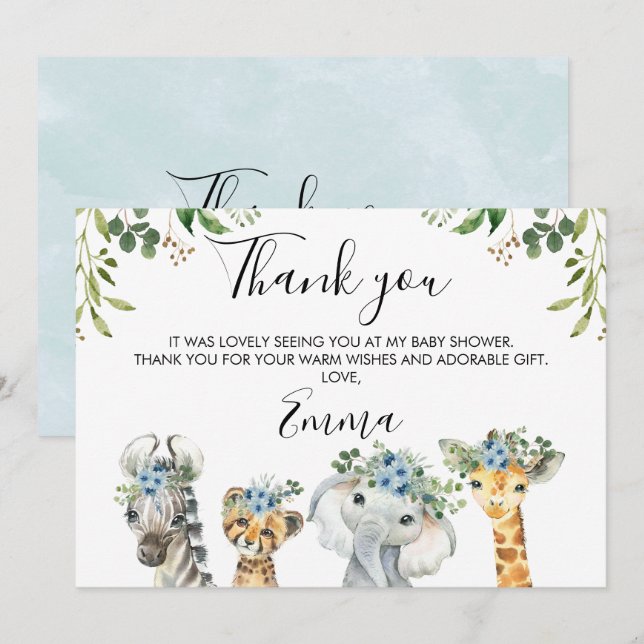 Blått Blommigt Safari Baby Shower Tack för ditt ko Inbjudningar (Fram/baksida)