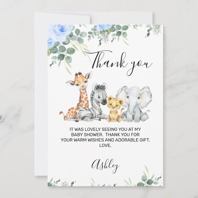 Blått Blommigt Safari Baby Shower Tack för ditt ko Inbjudningar (Framsida)