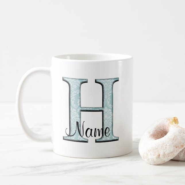 Blått Blommigt Skriv ut H monogram initialer kaffe Kaffemugg (Med munk)