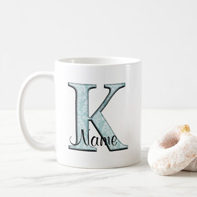 Blått Blommigt Skriv ut K monogram initialer kaffe Kaffemugg (Med munk)