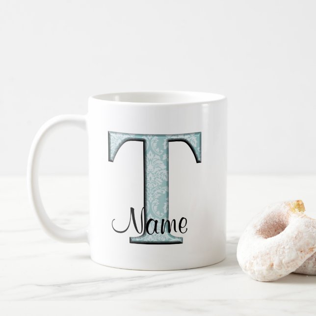 Blått Blommigt Skriv ut T monogram initialer kaffe Kaffemugg (Med munk)