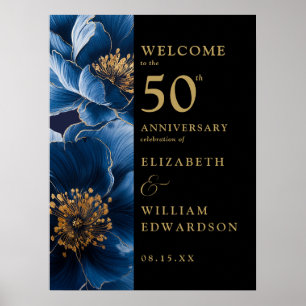 Blått Blommigt svart Guld 50-årsjubileum-tecken Poster