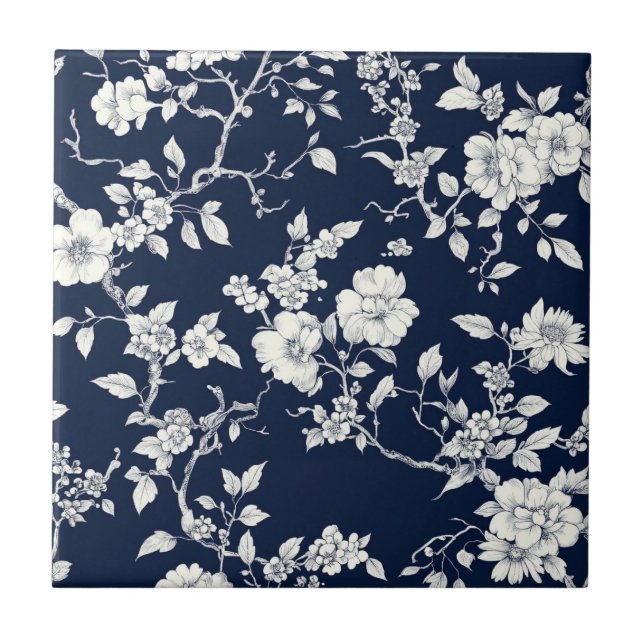 Blått Blommigt Toile-mönster (10) Kakelplatta (Framsidan)