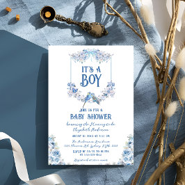 Blått Blommigt, Vapensköld Bow Baby Shower Inbjudningar