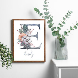 Blått Blommigt vattenfärg, Monogram E Efternamn Poster