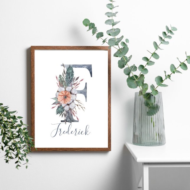 Blått Blommigt vattenfärgsmonogram Efternamn Poste Poster (Blue Peach White Watercolor Floral Monogram Letter F Wall Art)