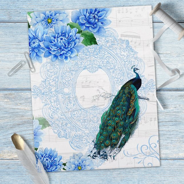 Blått Blommigt Vintage Peacock Scrapbook Papper (Skapare uppladdad)