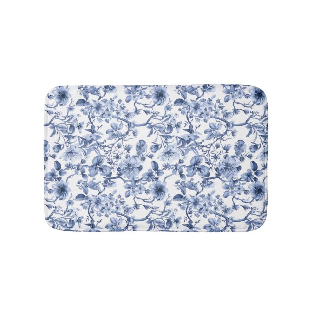 Blått Blommigt Vintage Toile Mönster Badrumsmatta (Framsidan)