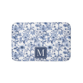 Blått Blommigt Vintage Toile Mönster Monogram Badrumsmatta