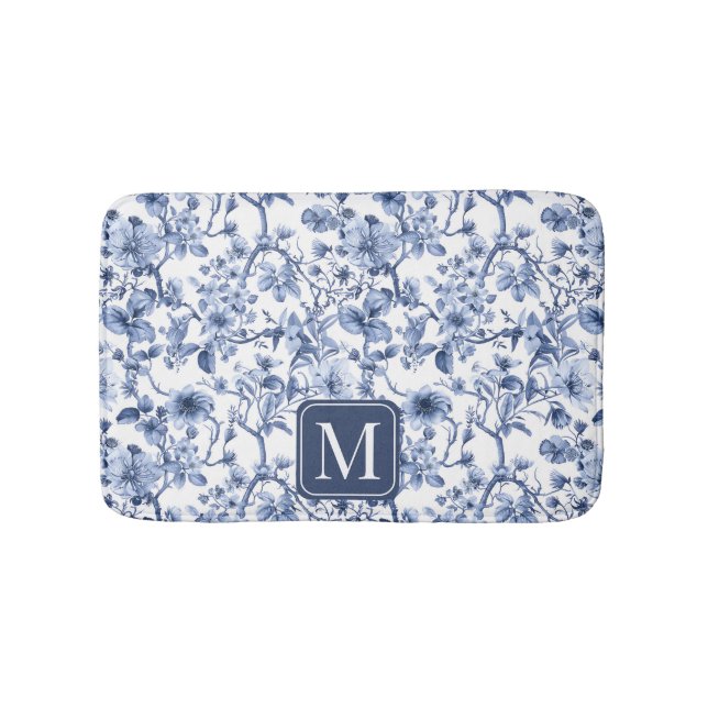 Blått Blommigt Vintage Toile Mönster Monogram Badrumsmatta (Framsidan)