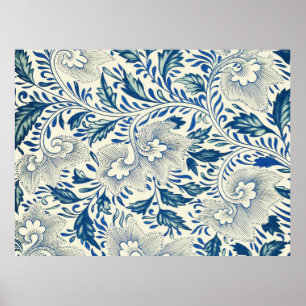 Blått blommönster Antik asiatisk design Poster